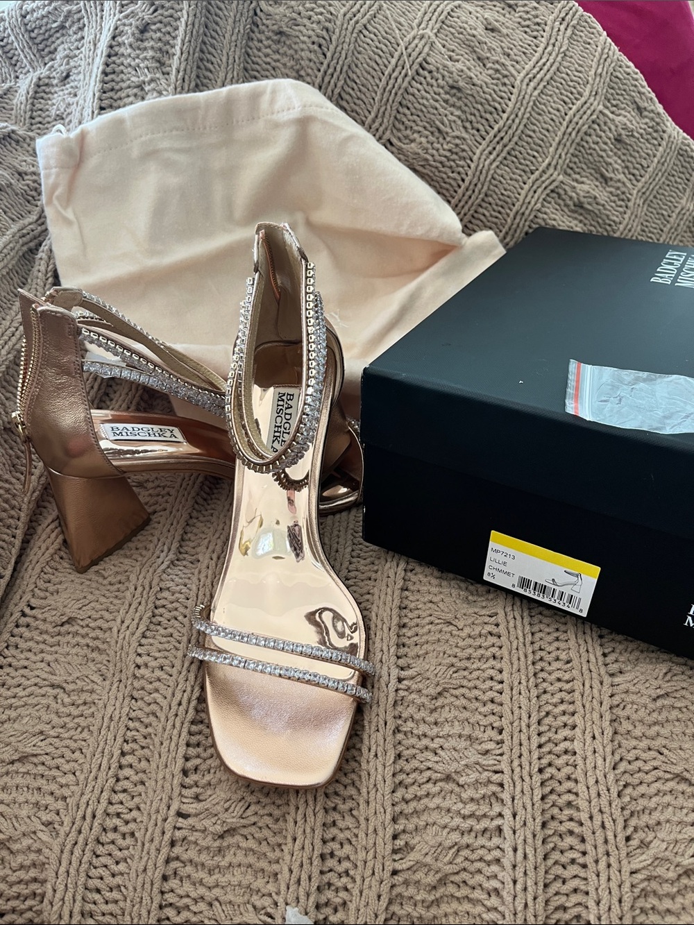 Badgley Mischka Rose Gold Crystal-Strap Block Heel Sandals